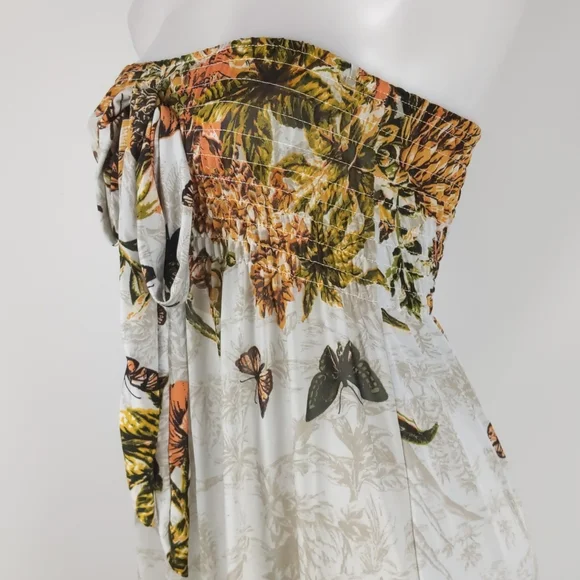 Women's Dress Size Med Cream Orange Butterflies Shirring Maxi High Low Hem Bow - Picture 6 of 10